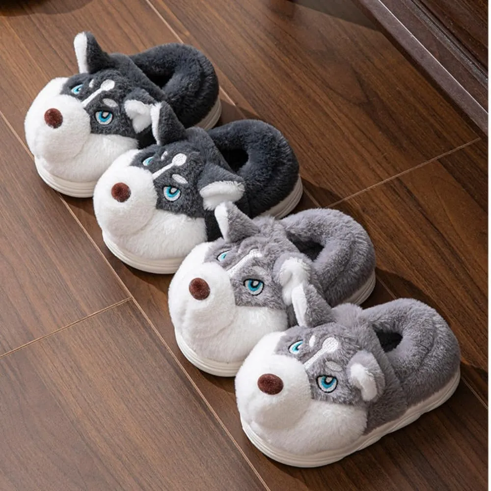 Premium Comfort Thermal Cute Seberian Husky Dog Non Slip Women's Fuzzy House Slippers Indoor Soft Warm Furry Shoes