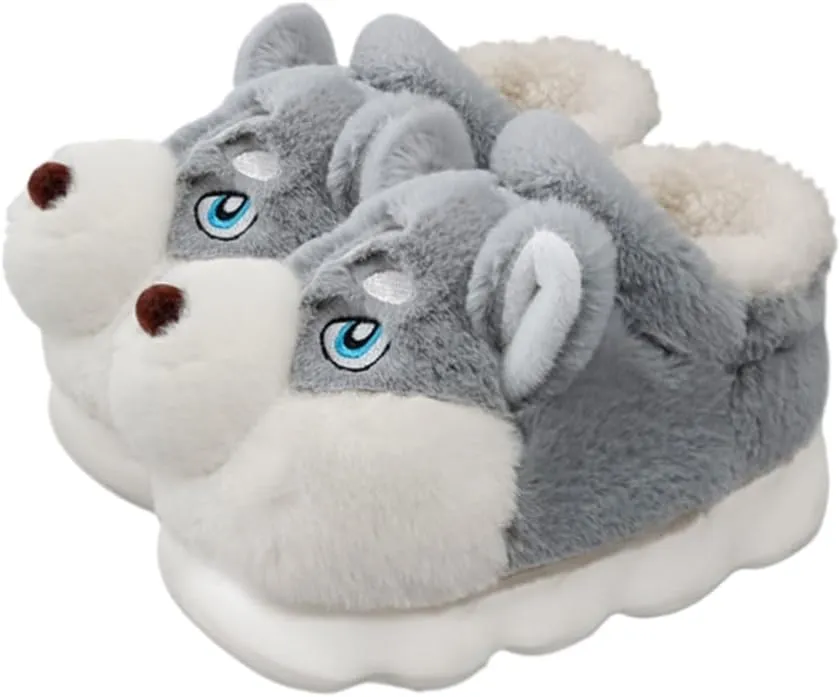 Premium Comfort Thermal Cute Seberian Husky Dog Non Slip Women's Fuzzy House Slippers Indoor Soft Warm Furry Shoes