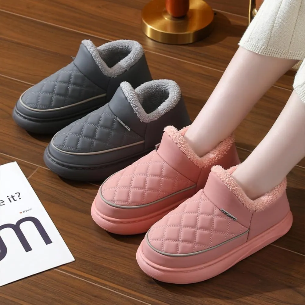 Premium Comfort Thermal Leather Full Cover Closed Back Non Slip Women's Fuzzy House Slippers Indoor Soft Warm Shoes
