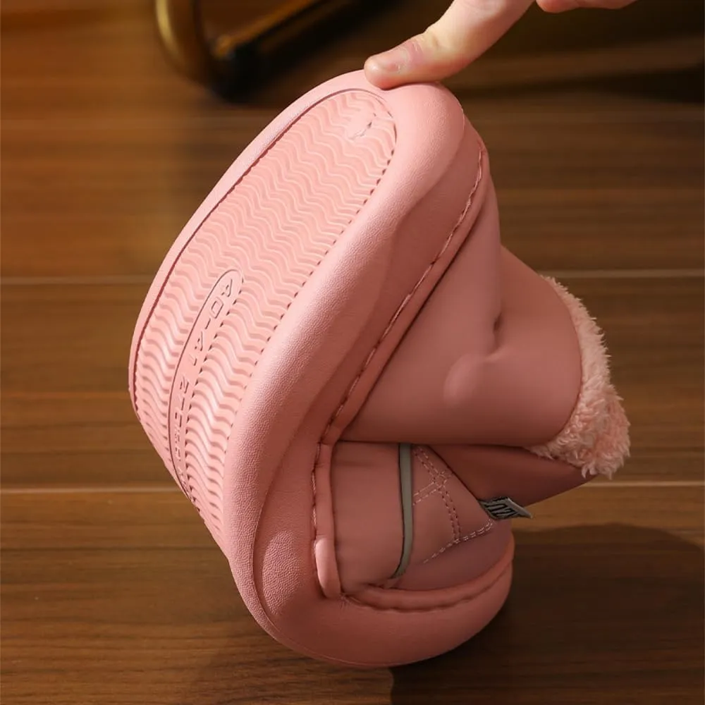 Premium Comfort Thermal Leather Full Cover Closed Back Non Slip Women's Fuzzy House Slippers Indoor Soft Warm Shoes