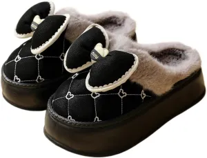 Premium Comfort Thick Cute Bow Diamond Women's Fuzzy House Slippers Indoor Soft Warm Kawaii Shoes Memory Foam