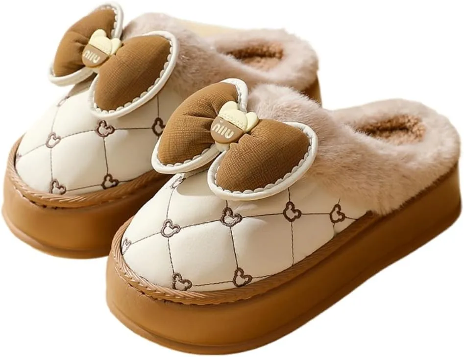 Premium Comfort Thick Cute Bow Diamond Women's Fuzzy House Slippers Indoor Soft Warm Kawaii Shoes Memory Foam