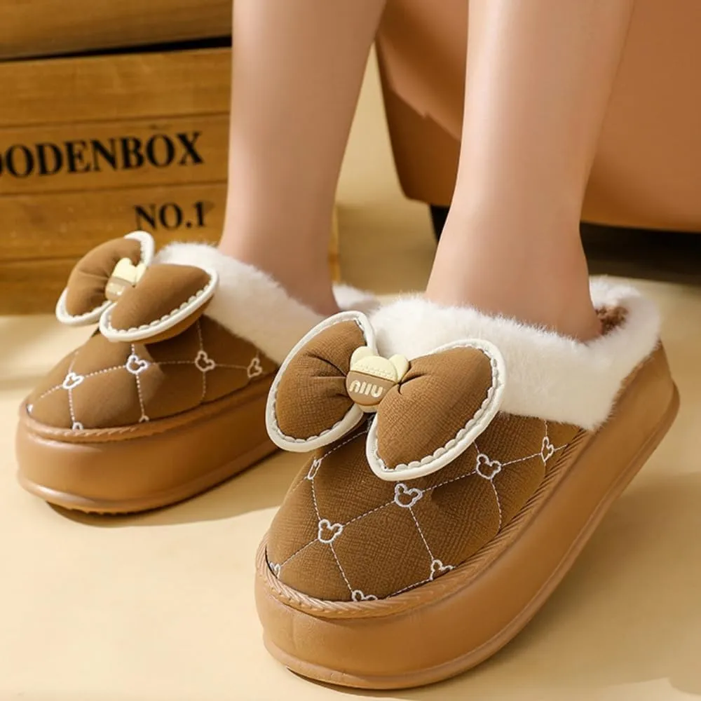 Premium Comfort Thick Cute Bow Diamond Women's Fuzzy House Slippers Indoor Soft Warm Kawaii Shoes Memory Foam