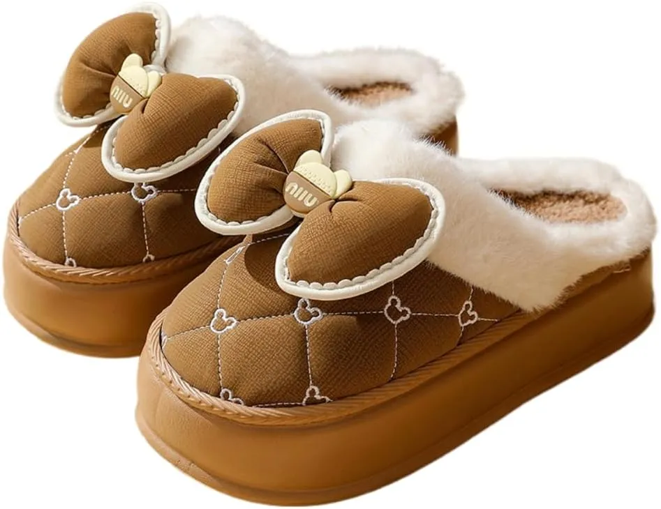 Premium Comfort Thick Cute Bow Diamond Women's Fuzzy House Slippers Indoor Soft Warm Kawaii Shoes Memory Foam