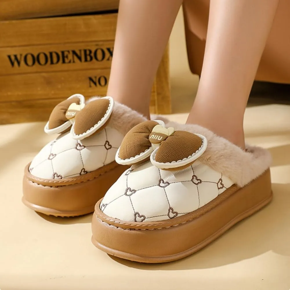 Premium Comfort Thick Cute Bow Diamond Women's Fuzzy House Slippers Indoor Soft Warm Kawaii Shoes Memory Foam