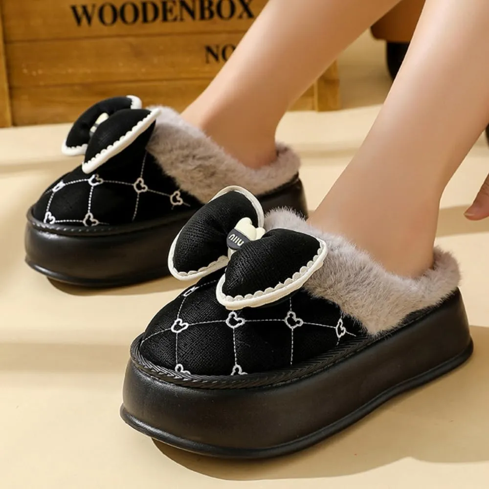 Premium Comfort Thick Cute Bow Diamond Women's Fuzzy House Slippers Indoor Soft Warm Kawaii Shoes Memory Foam