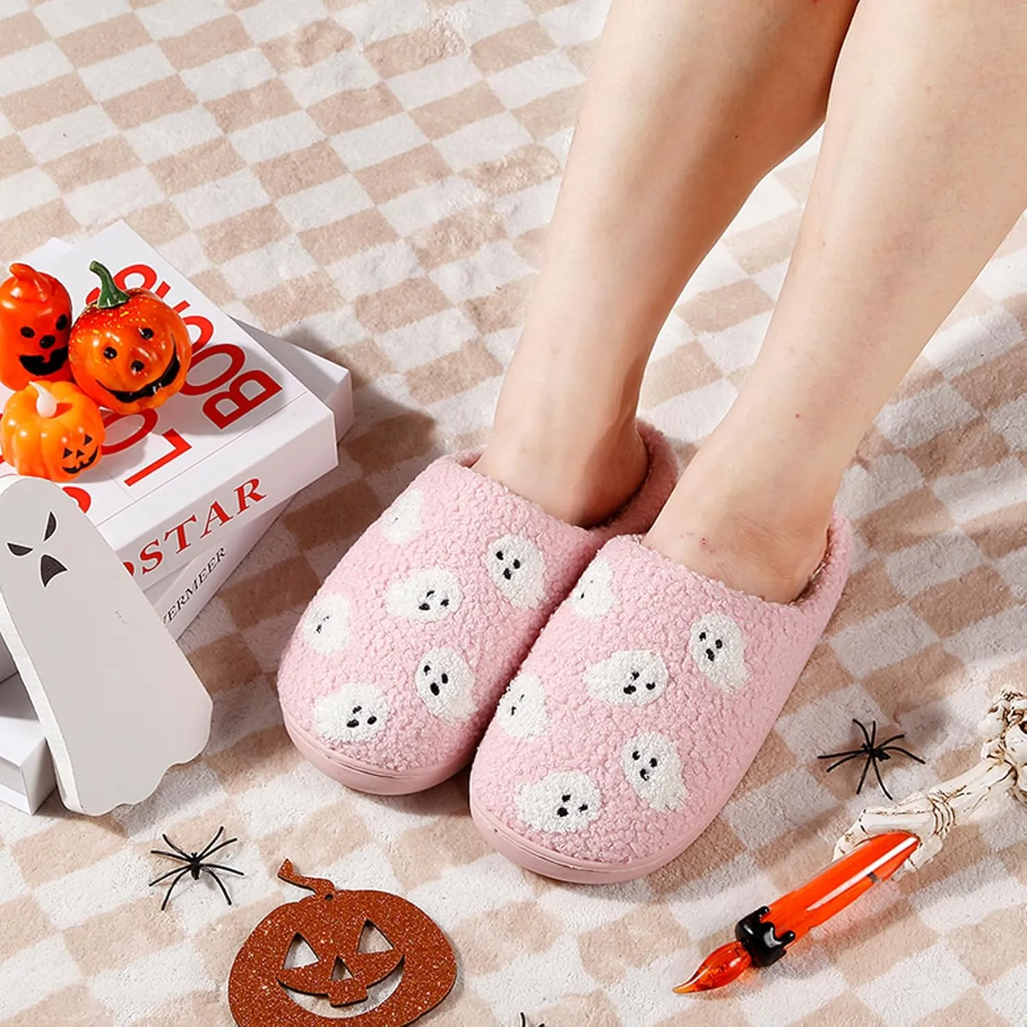 Pumpkin Slippers for Women Men Halloween Slippers Spooky Slides Soft Warm Plush House Shoes