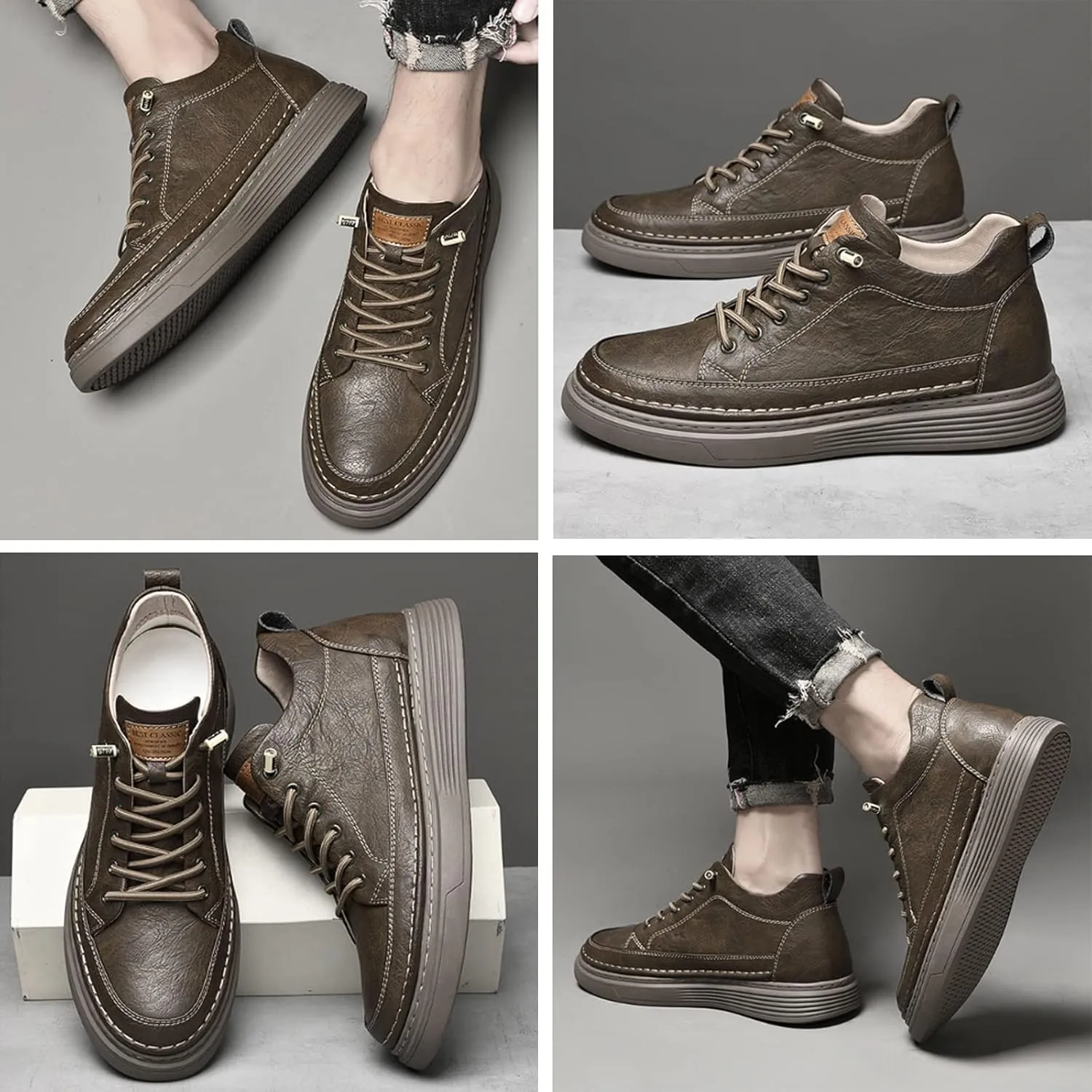 PURCHAWEE Elevator Shoes for Men Height Increase,Men's Invisible Height Increasing Elevator Shoes Taller Height Sneakers Leather Casual Shoes