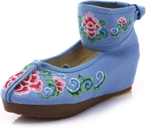 Qianmome Womens Floral Embroidery Ankle Band Platform Canvas Wedge Shoes