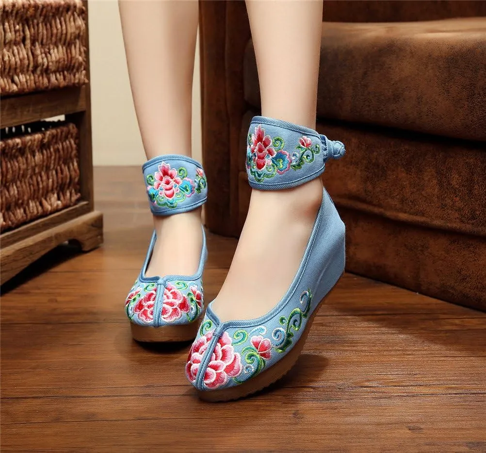 Qianmome Womens Floral Embroidery Ankle Band Platform Canvas Wedge Shoes