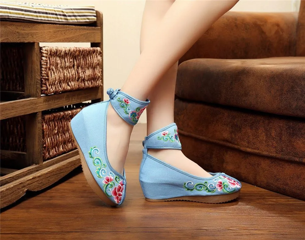 Qianmome Womens Floral Embroidery Ankle Band Platform Canvas Wedge Shoes