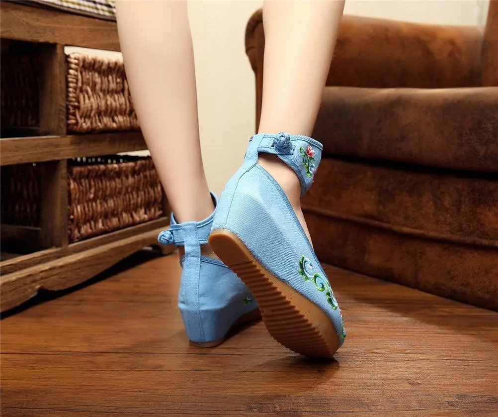 Qianmome Womens Floral Embroidery Ankle Band Platform Canvas Wedge Shoes