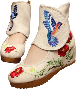 Qianmome Womens Hummingbird Floral Embroidery Comfort Sports Fashion Ankle Boots Canvas Shoes
