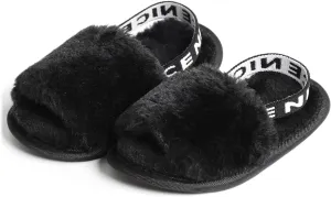 QIETION Girl's Soft Plush Lightweight House Slippers Non Slip Cross Band Slip on Open Toe Cozy Indoor Outdoor Slippers X102 Black 11CM