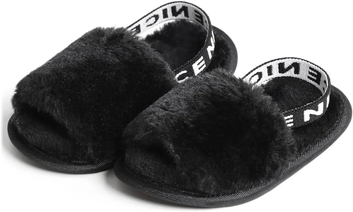 QIETION Girl's Soft Plush Lightweight House Slippers Non Slip Cross Band Slip on Open Toe Cozy Indoor Outdoor Slippers X102 Black 11CM