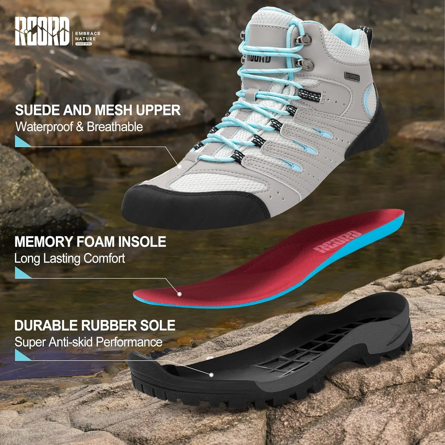 R CORD Hiking Boots Women Waterproof Womens Hiking Boots Comfortable Non-Slip Womens Hiking Shoes Walking Trekking Camping Tennis Sport Sneakers