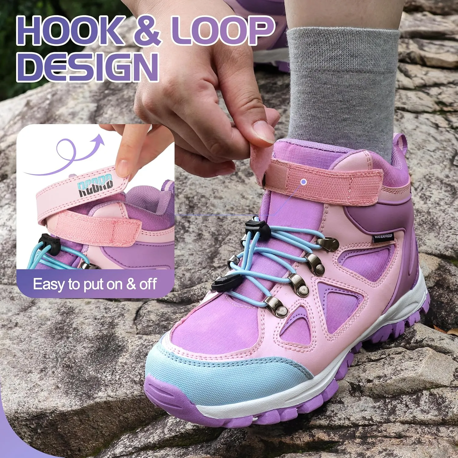 R CORD Kids Hiking Boots Drawstring Closure Girls Hiking Boots Waterproof Durable TPR Traction Outsole Anti-Skid Athletic Outdoor Boots