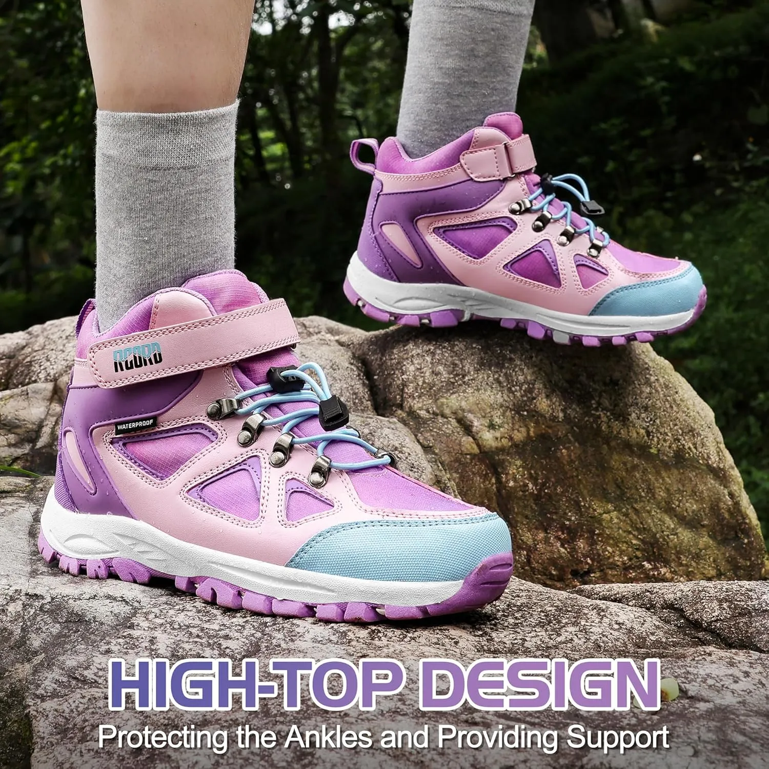 R CORD Kids Hiking Boots Drawstring Closure Girls Hiking Boots Waterproof Durable TPR Traction Outsole Anti-Skid Athletic Outdoor Boots