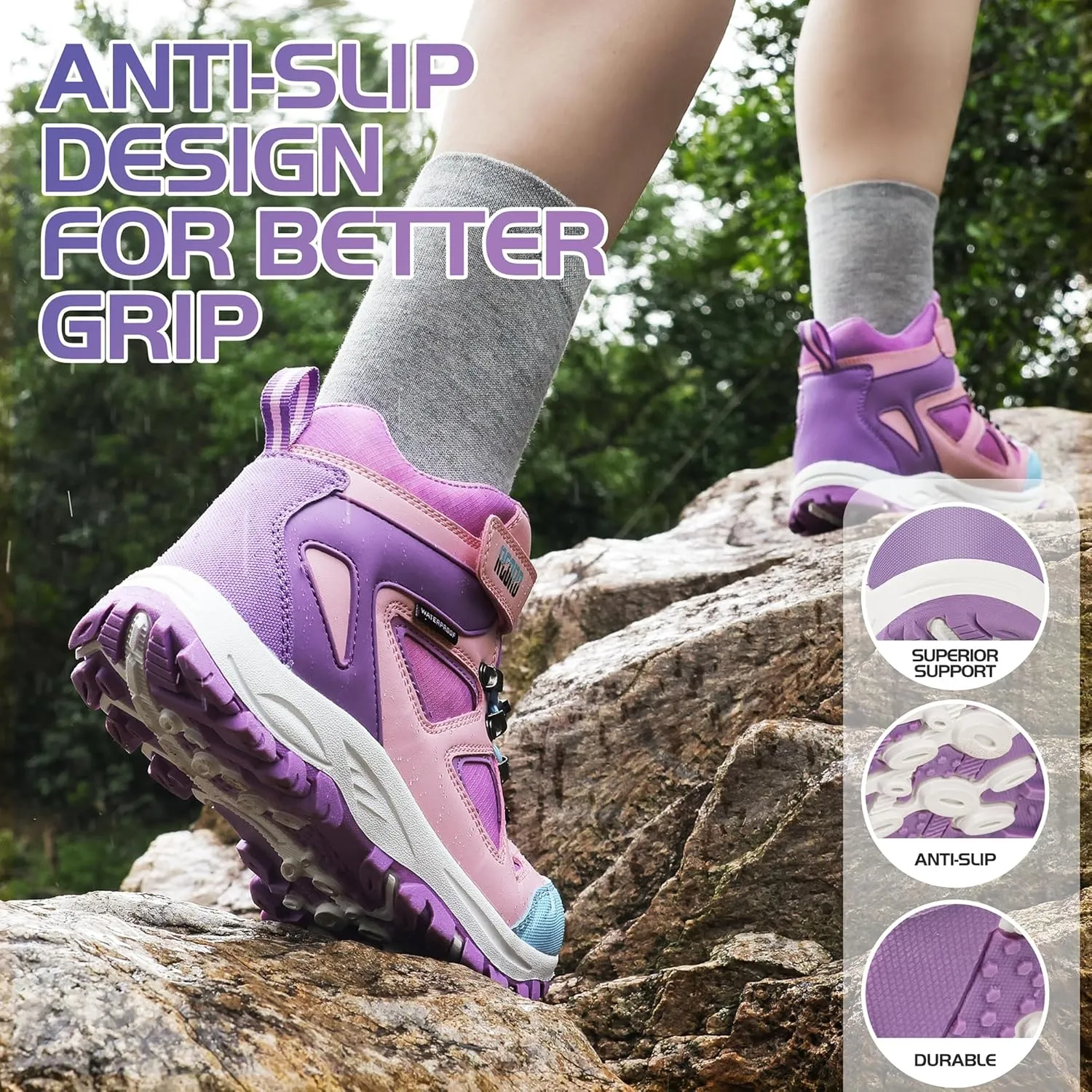 R CORD Kids Hiking Boots Drawstring Closure Girls Hiking Boots Waterproof Durable TPR Traction Outsole Anti-Skid Athletic Outdoor Boots