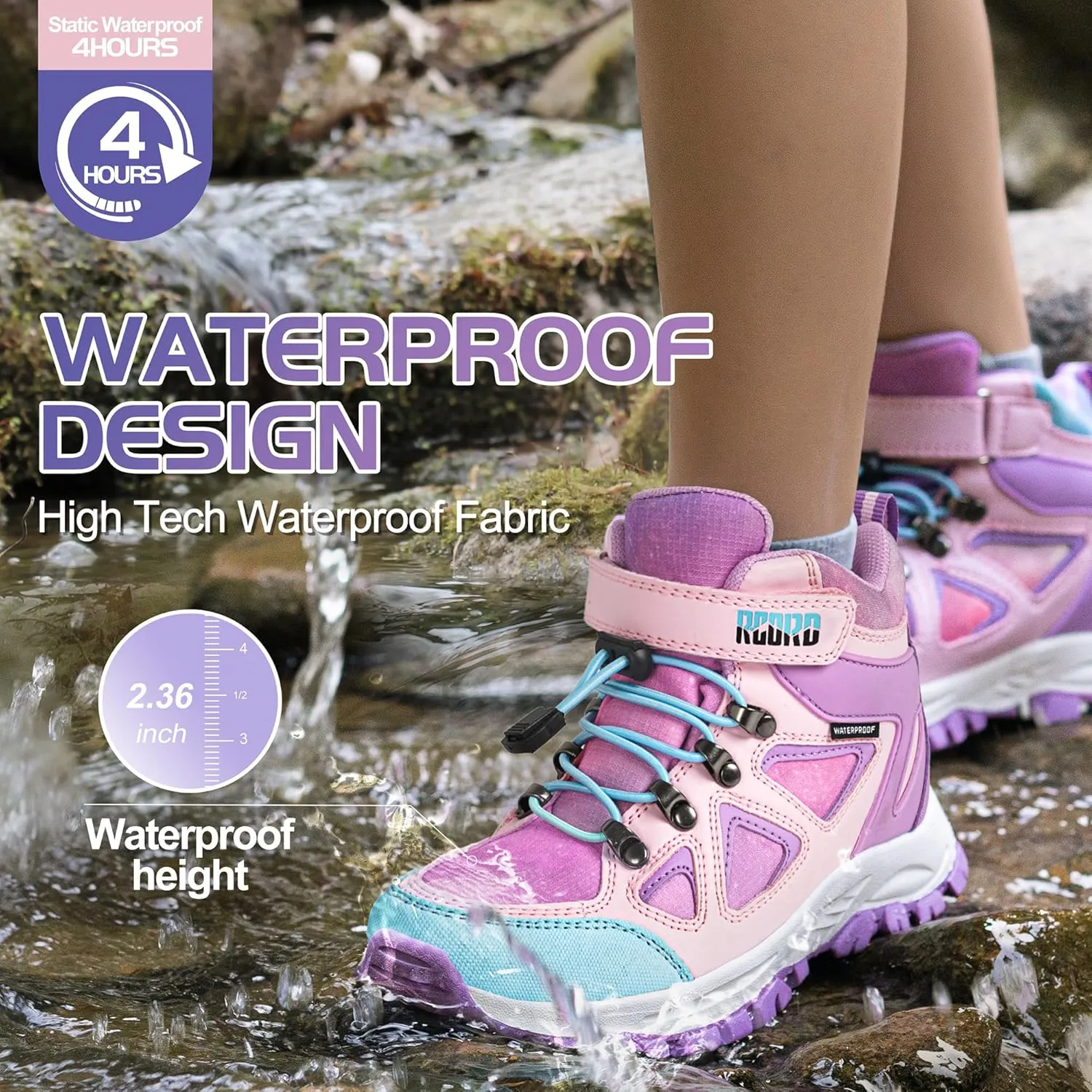 R CORD Kids Hiking Boots Drawstring Closure Girls Hiking Boots Waterproof Durable TPR Traction Outsole Anti-Skid Athletic Outdoor Boots