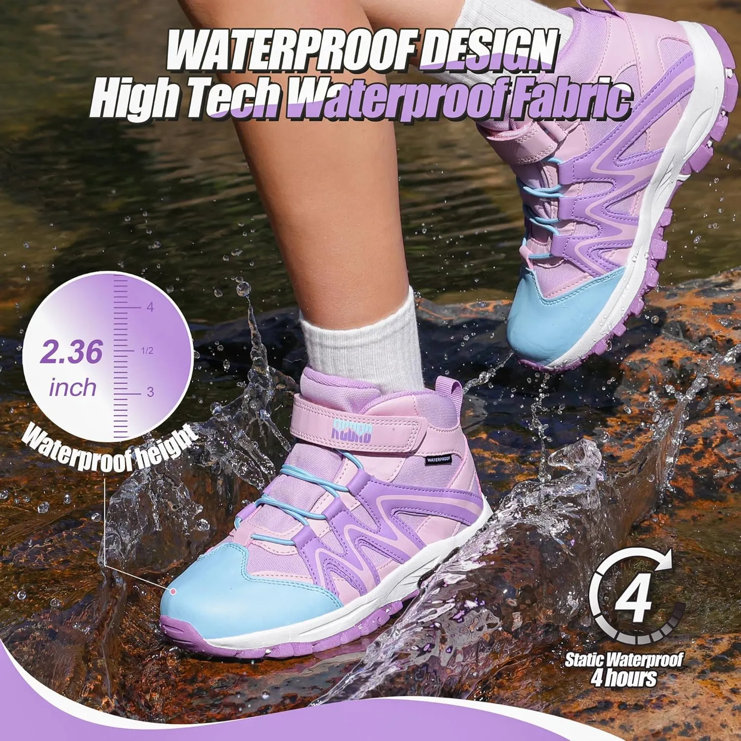 R CORD Kids Hiking Boots Kids Hiking Shoes Girls Hiking Boots Waterproof Non-Slip Girls Hiking Shoes for Outdoor Rugged Quick Closure Durable TPR Traction Outsole