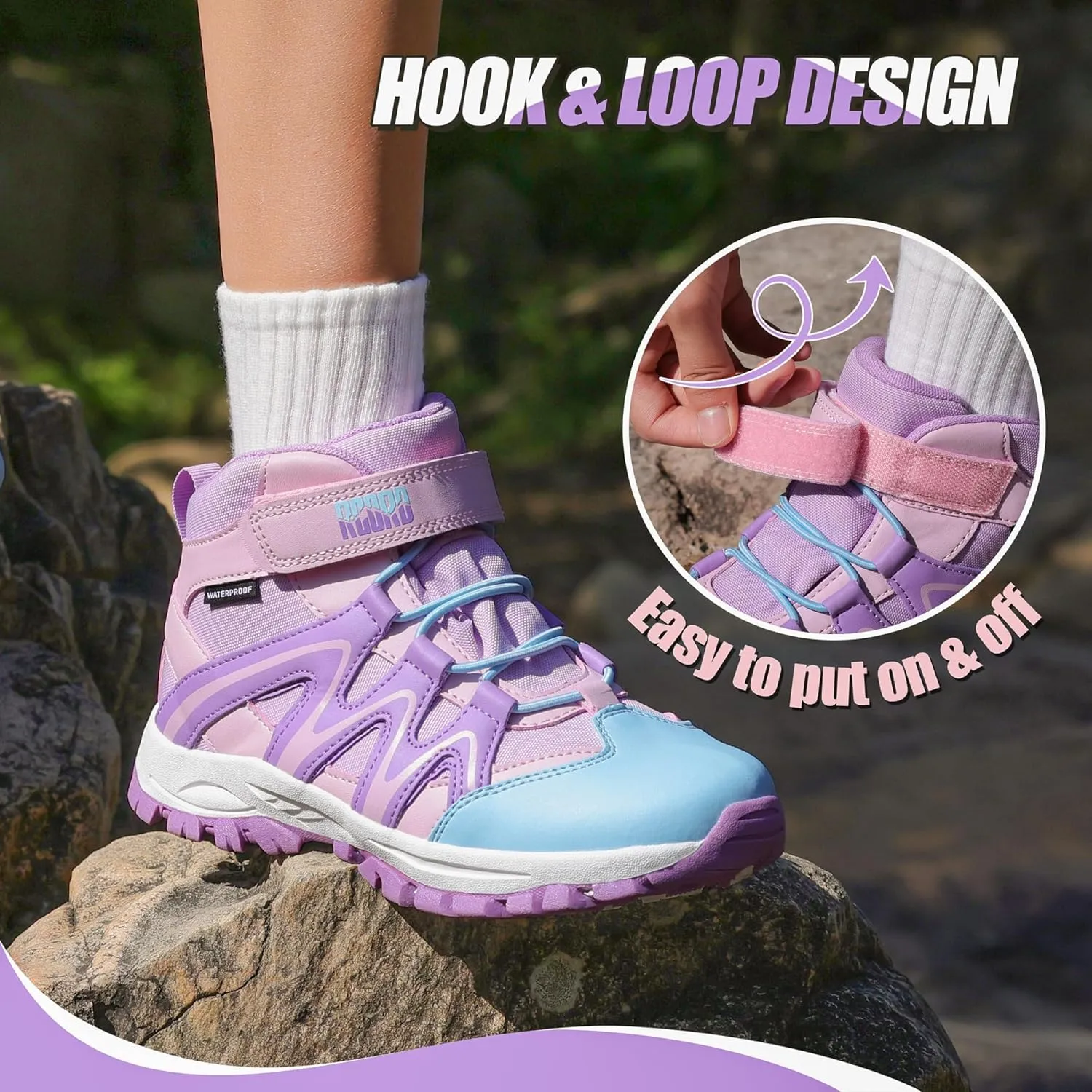 R CORD Kids Hiking Boots Kids Hiking Shoes Girls Hiking Boots Waterproof Non-Slip Girls Hiking Shoes for Outdoor Rugged Quick Closure Durable TPR Traction Outsole