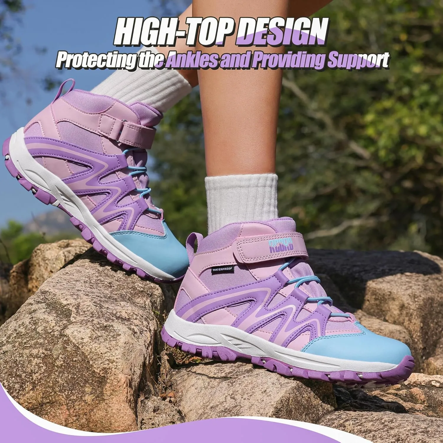 R CORD Kids Hiking Boots Kids Hiking Shoes Girls Hiking Boots Waterproof Non-Slip Girls Hiking Shoes for Outdoor Rugged Quick Closure Durable TPR Traction Outsole