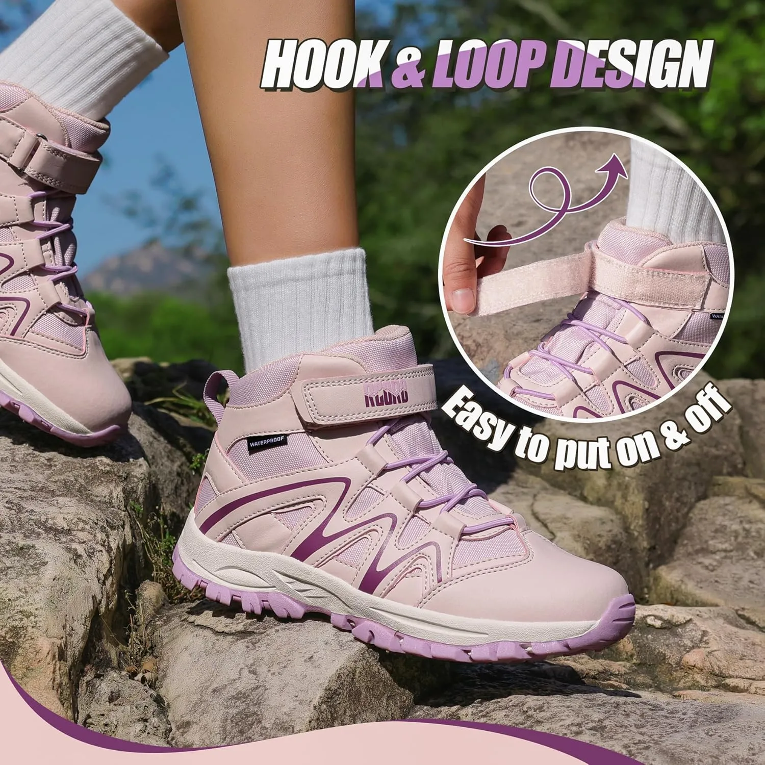 R CORD Kids Hiking Boots Kids Hiking Shoes Girls Hiking Boots Waterproof Non-Slip Girls Hiking Shoes for Outdoor Rugged Quick Closure Durable TPR Traction Outsole