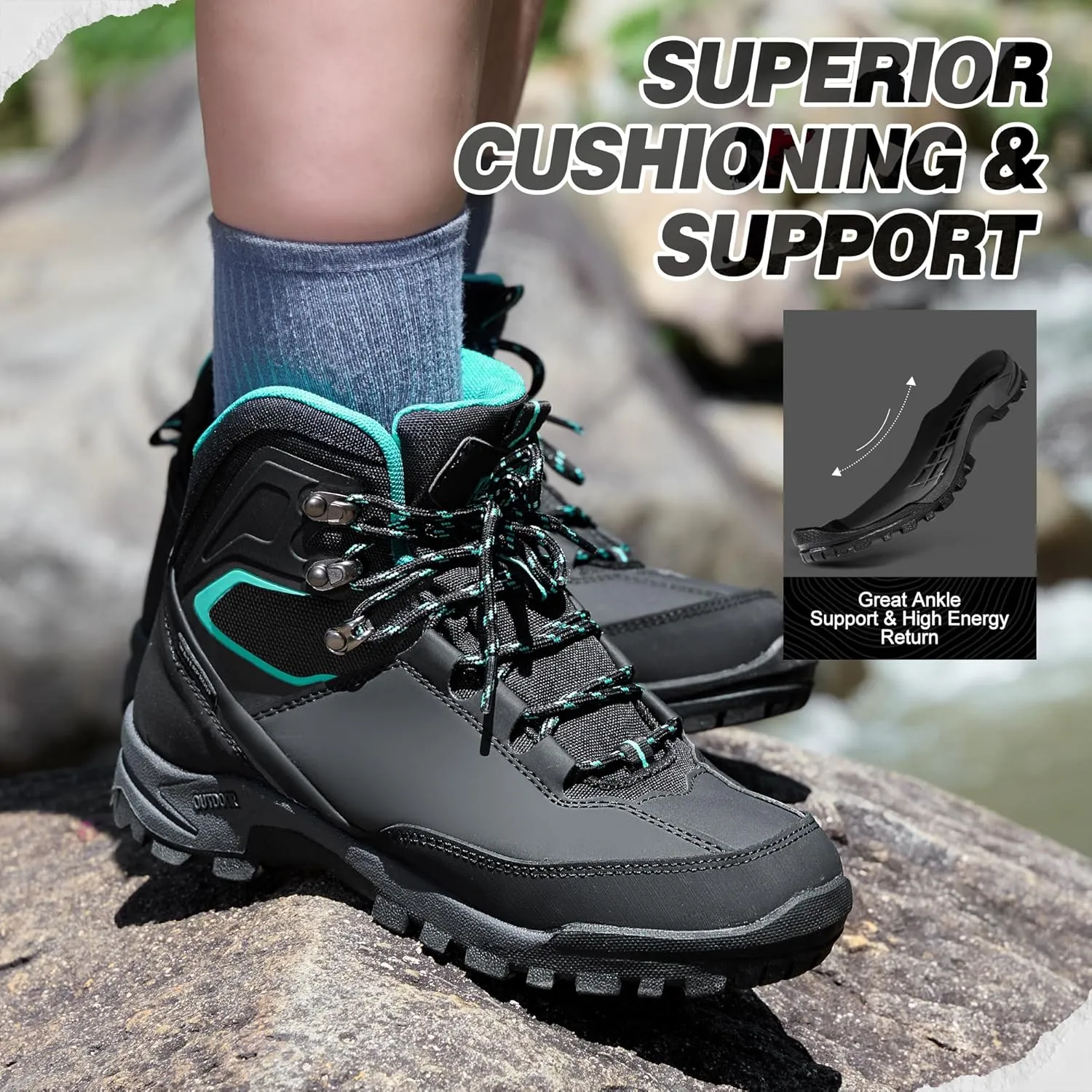 R CORD Womens Hiking Boots Waterproof Mid-Cut Hiking Boots Women Non-Slip Womens Hiking Shoes Outdoor Hiking Shoes for Women Trekking Camping Trail