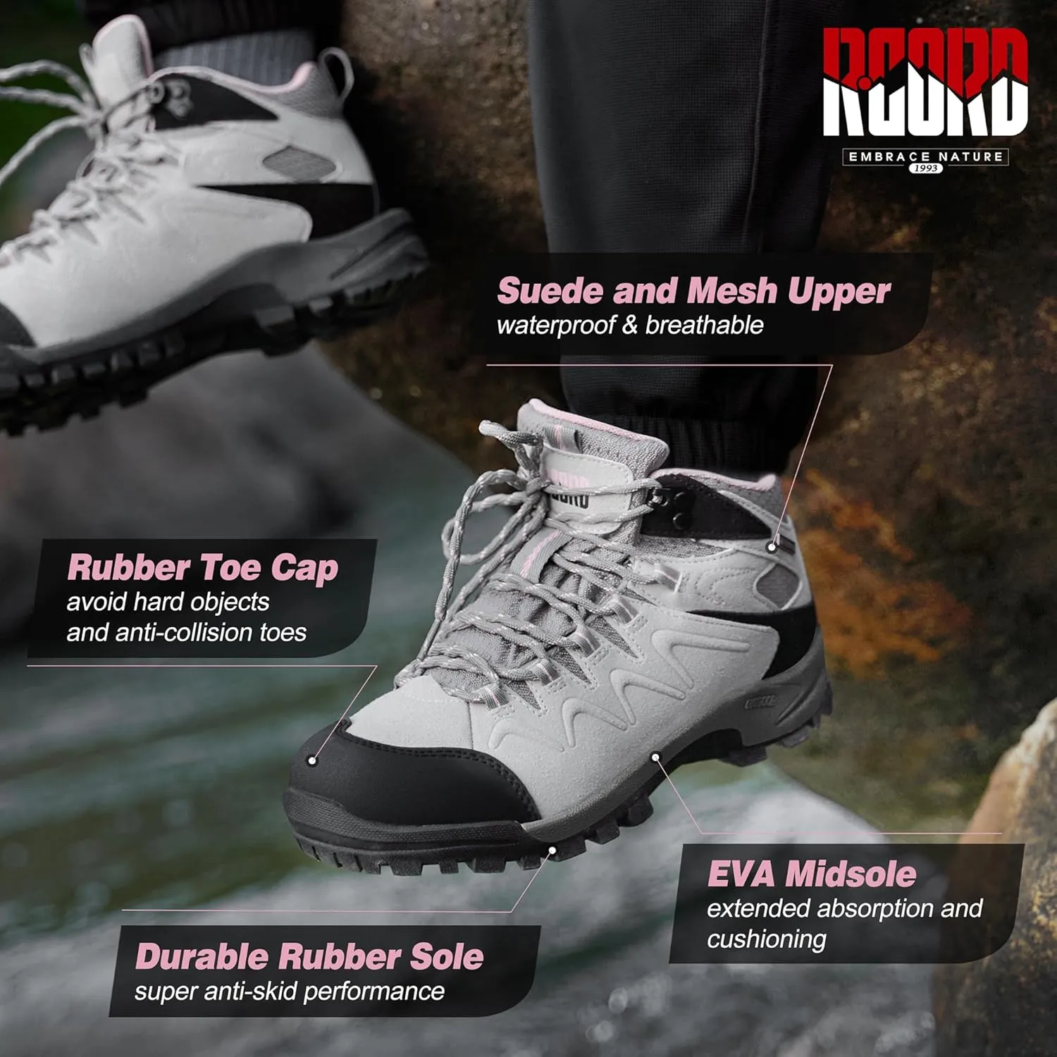 R CORD Womens Hiking Boots Waterproof Womens Hiking Shoes Comfortable Non-Slip Breathable Hiking Boots Womens Outdoor Trekking Camping Boots Hiking Shoes