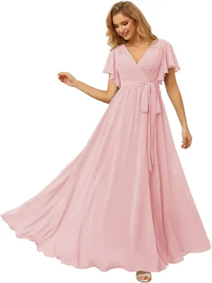 Raseal Flutter Sleeve Chiffon Bridesmaid Dress Long with Pockets V Neck Pleated Formal Dress for Women RS037