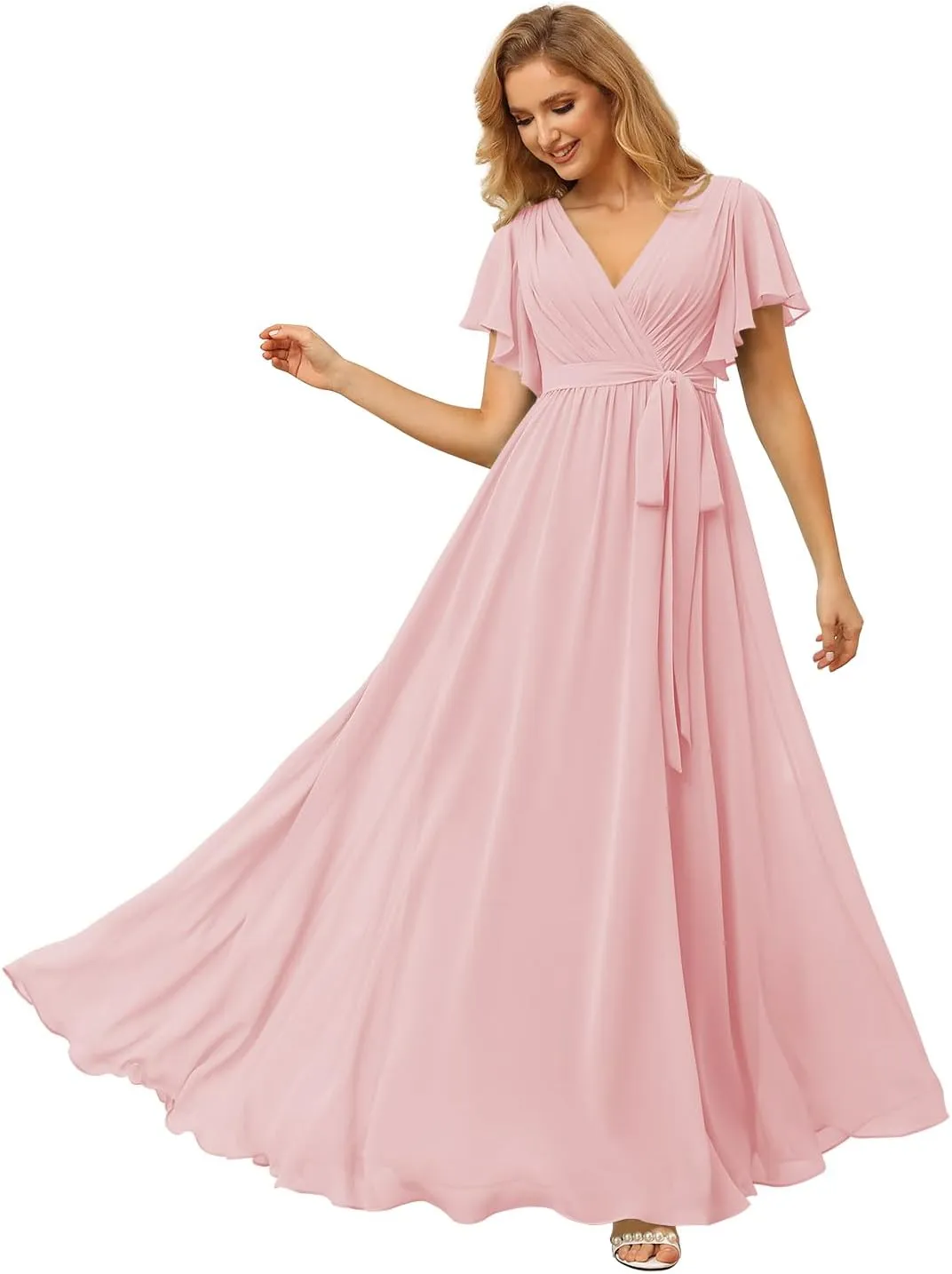 Raseal Flutter Sleeve Chiffon Bridesmaid Dress Long with Pockets V Neck Pleated Formal Dress for Women RS037