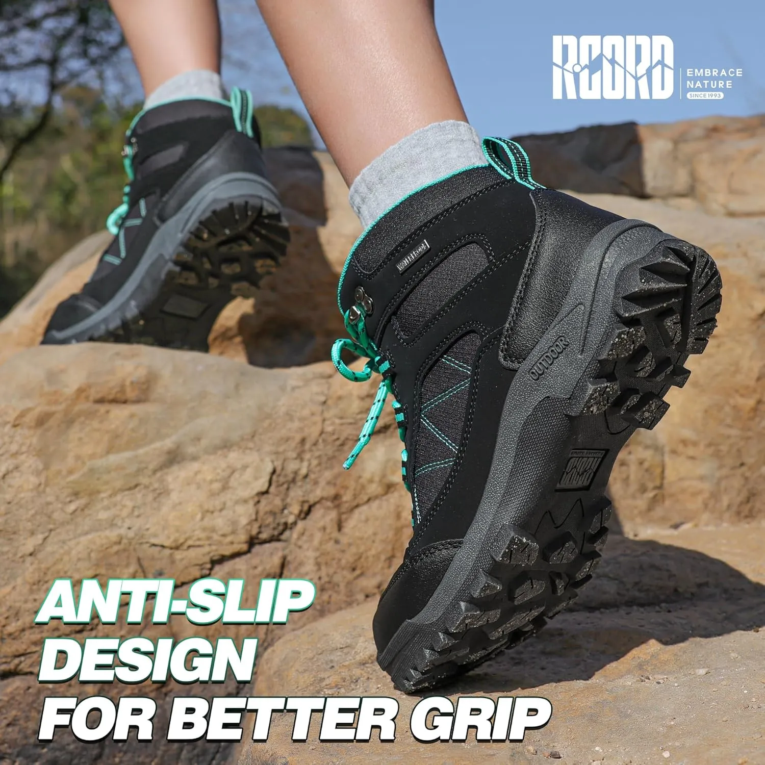 RCORD Women's Comfortable Non-Slip Waterproof Hiking Boots for All-Day Work, Backpacking, Walking & Outdoor Activities
