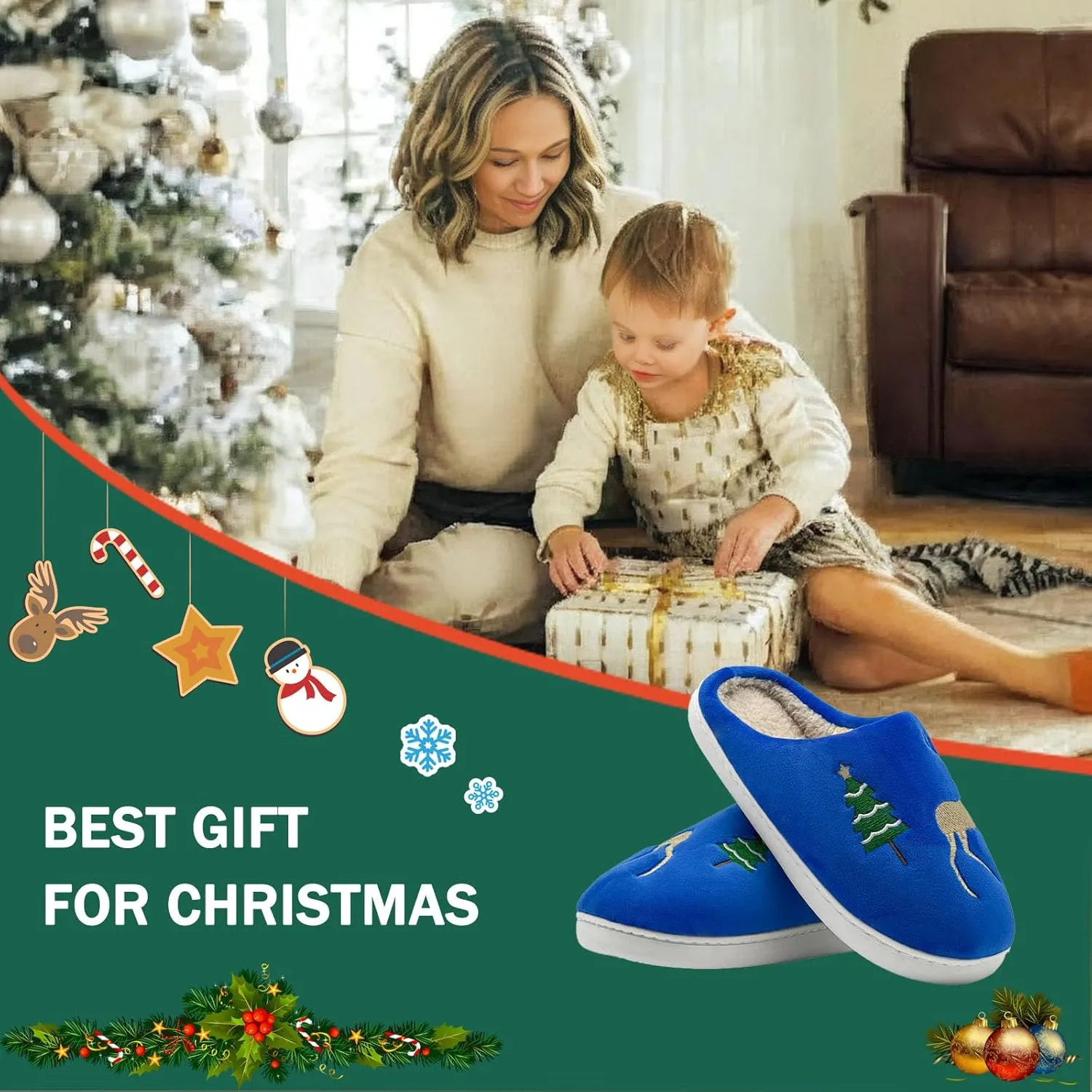 Reindeer Slippers for Women & Men - Memory Foam, Fuzzy Indoor Comfy Holiday & Slippers