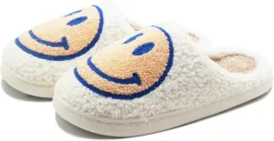 Retro Fuzzy Face Slippers for Women Men, Soft Plush Warm Slip-on Couple Style Casual Happy Face Slippers Cozy Indoor Outdoor Lightweight Anti-Skid Sole Cute House Slippers with Memory Foam