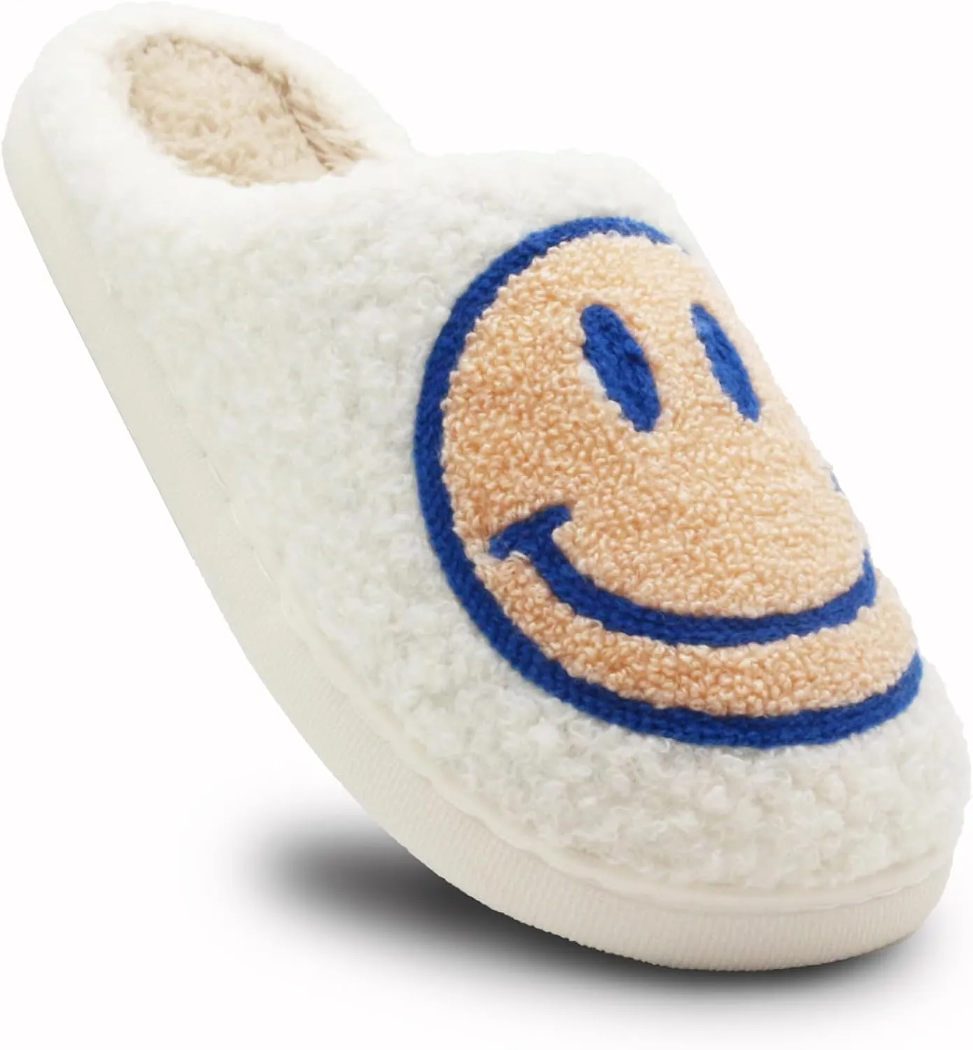 Retro Fuzzy Face Slippers for Women Men, Soft Plush Warm Slip-on Couple Style Casual Happy Face Slippers Cozy Indoor Outdoor Lightweight Anti-Skid Sole Cute House Slippers with Memory Foam