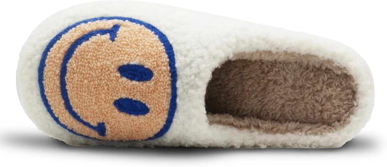 Retro Fuzzy Face Slippers for Women Men, Soft Plush Warm Slip-on Couple Style Casual Happy Face Slippers Cozy Indoor Outdoor Lightweight Anti-Skid Sole Cute House Slippers with Memory Foam