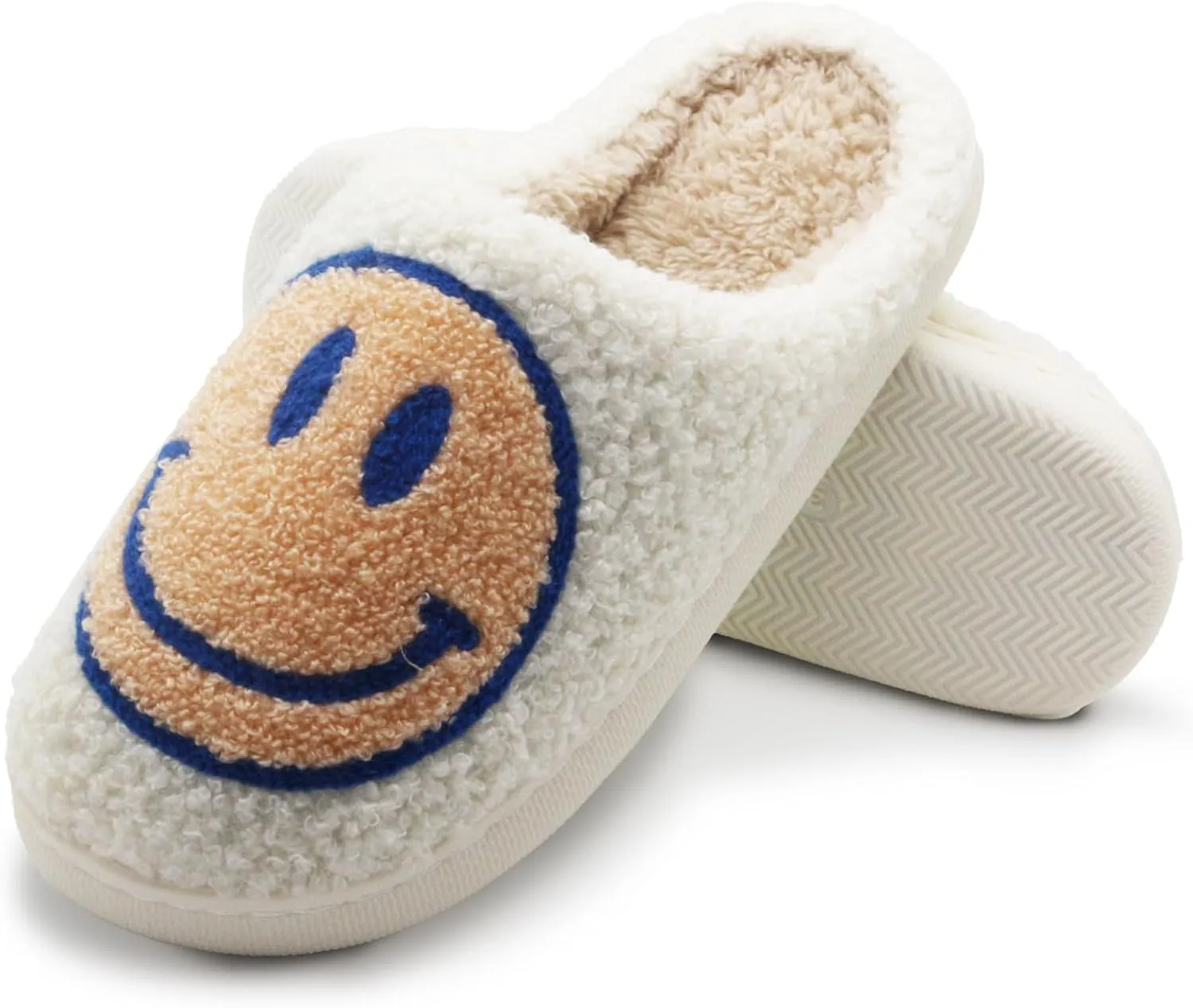 Retro Fuzzy Face Slippers for Women Men, Soft Plush Warm Slip-on Couple Style Casual Happy Face Slippers Cozy Indoor Outdoor Lightweight Anti-Skid Sole Cute House Slippers with Memory Foam