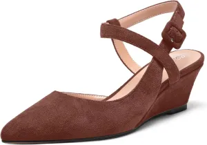 ROSERWISH Womens Buckle Ankle Strap Wedding Suede Fashion Elegant Pointed Toe Wedge Low Heel Pumps Dress Shoes 2 Inch