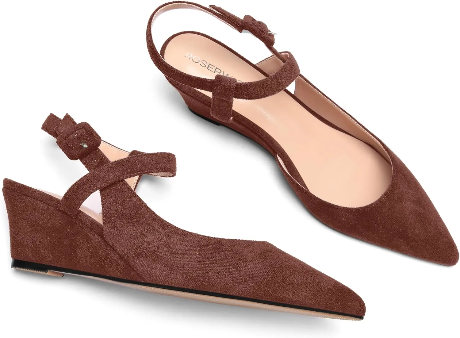 ROSERWISH Womens Buckle Ankle Strap Wedding Suede Fashion Elegant Pointed Toe Wedge Low Heel Pumps Dress Shoes 2 Inch