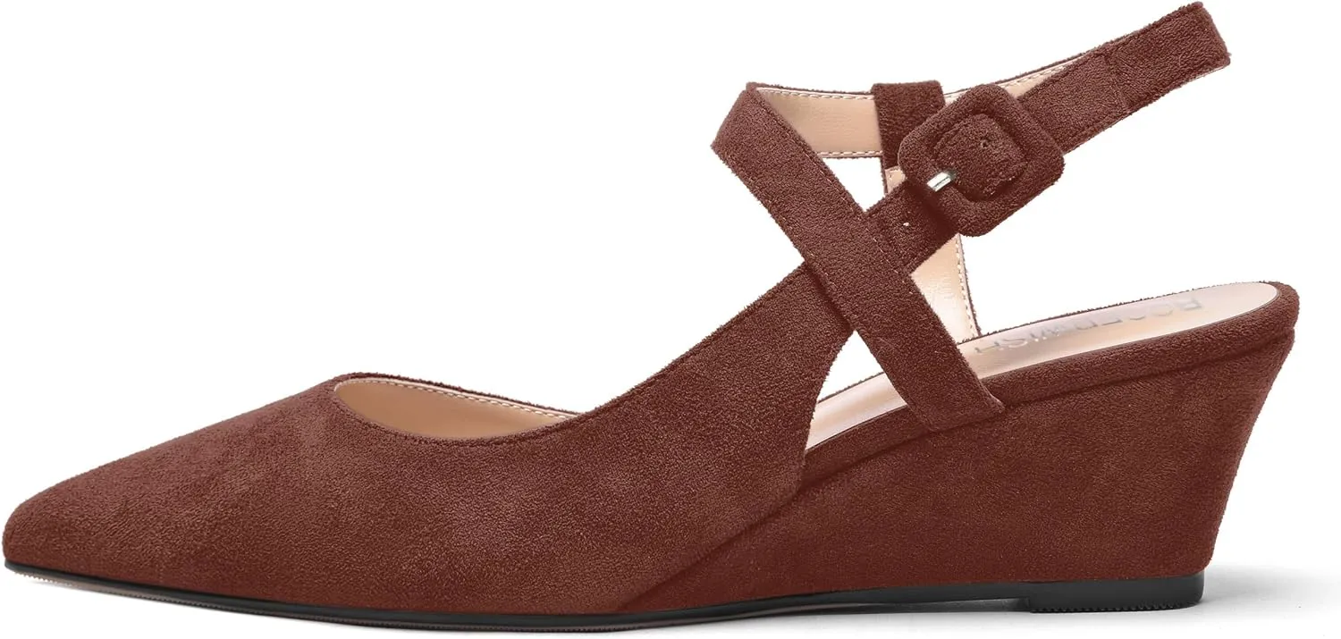ROSERWISH Womens Buckle Ankle Strap Wedding Suede Fashion Elegant Pointed Toe Wedge Low Heel Pumps Dress Shoes 2 Inch