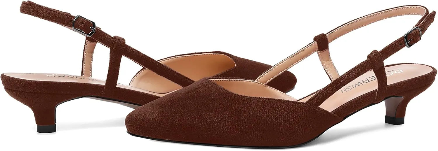 ROSERWISH Womens Cute Square Toe Slingback Suede Wedding Buckle Comfortable Kitten Low Heel Pumps Dress Shoes 1.5 Inch