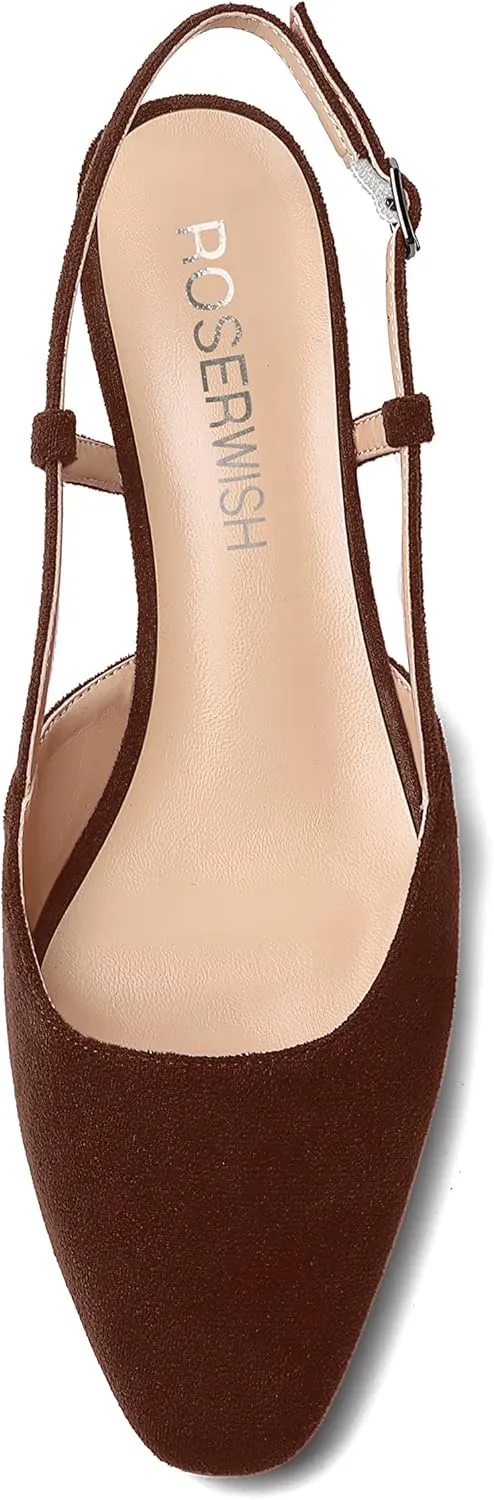 ROSERWISH Womens Cute Square Toe Slingback Suede Wedding Buckle Comfortable Kitten Low Heel Pumps Dress Shoes 1.5 Inch