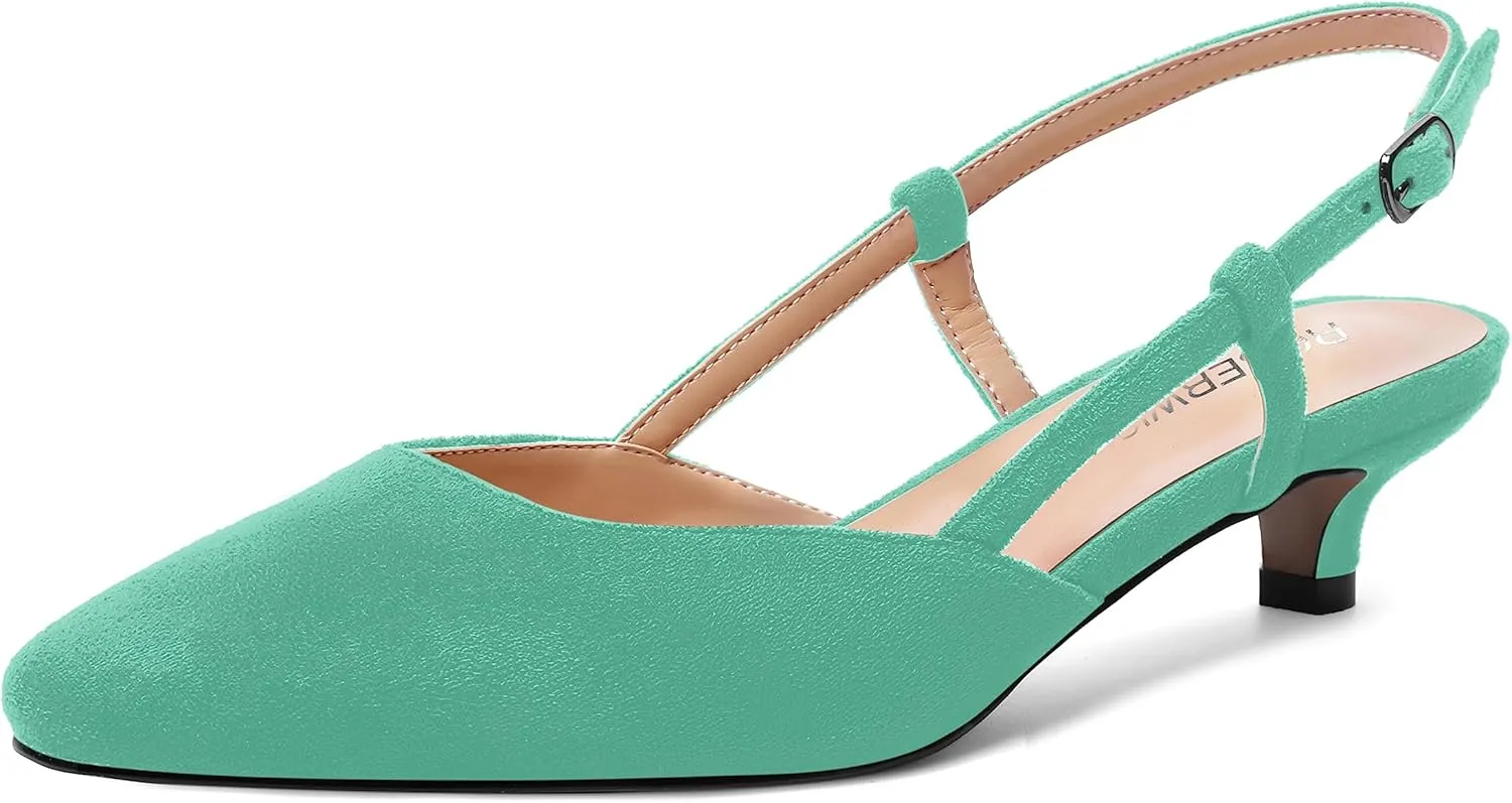 ROSERWISH Womens Cute Square Toe Slingback Suede Wedding Buckle Comfortable Kitten Low Heel Pumps Dress Shoes 1.5 Inch