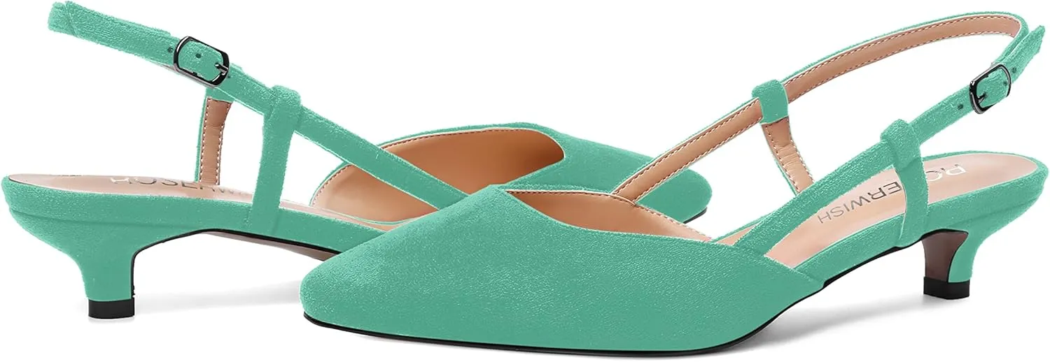 ROSERWISH Womens Cute Square Toe Slingback Suede Wedding Buckle Comfortable Kitten Low Heel Pumps Dress Shoes 1.5 Inch