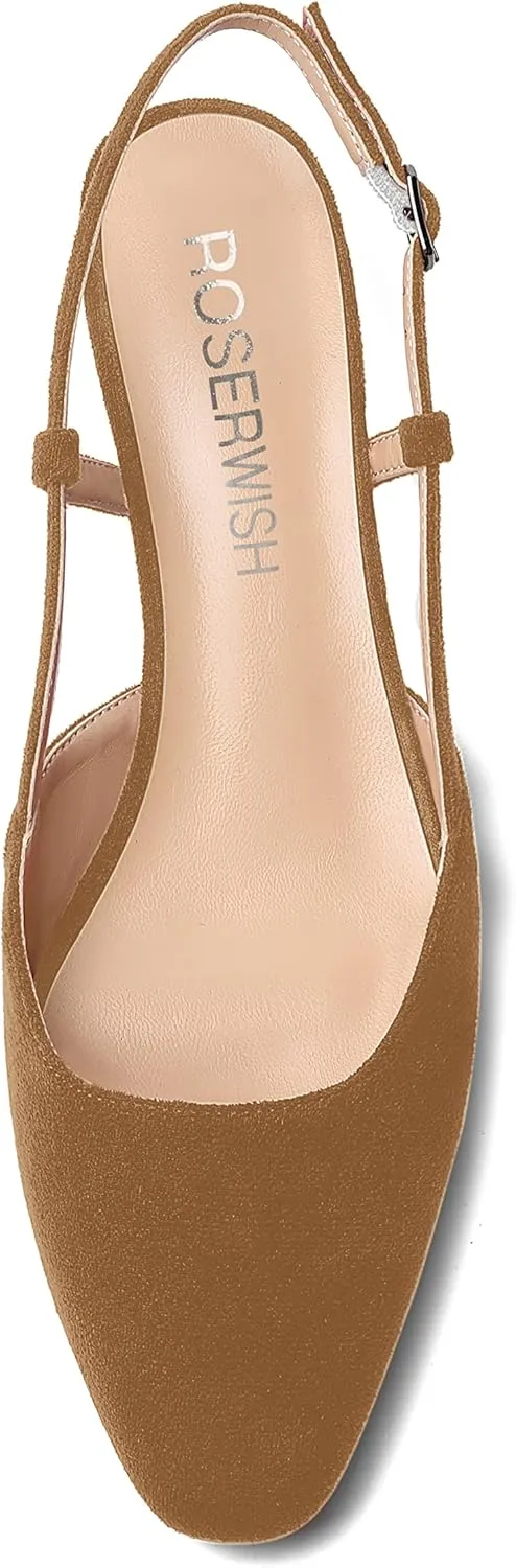 ROSERWISH Womens Cute Square Toe Slingback Suede Wedding Party Comfortable Kitten Low Heel Pumps Dress Shoes 1.5 Inch