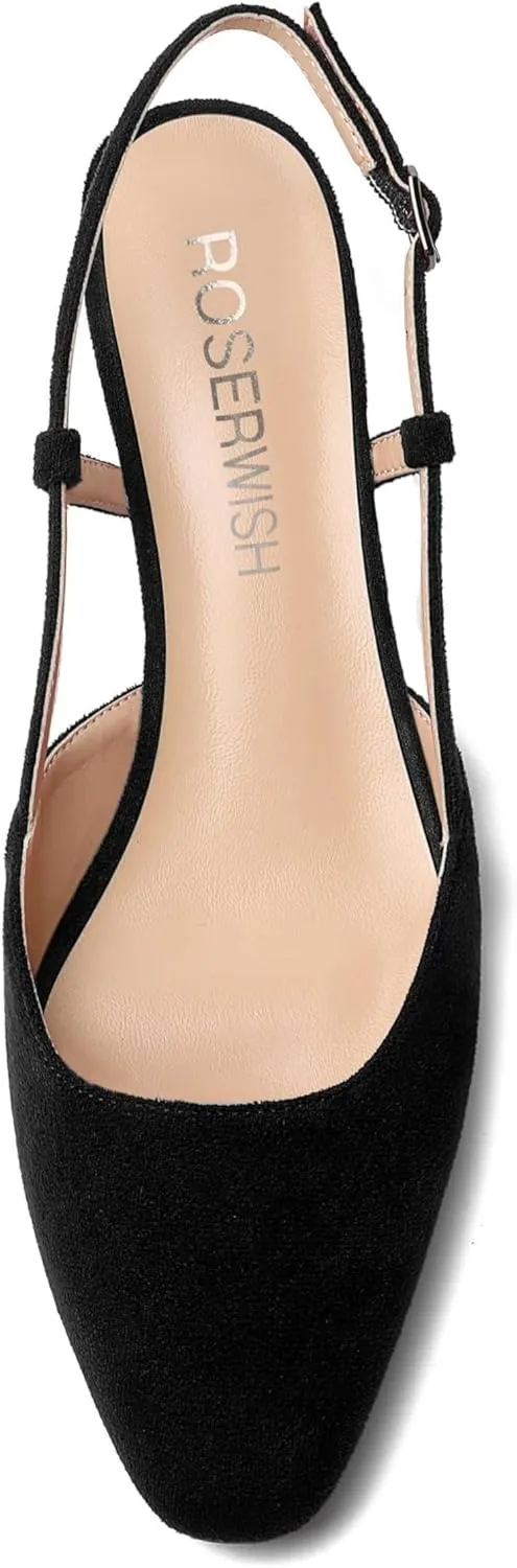 ROSERWISH Womens Cute Square Toe Slingback Suede Wedding Party Comfortable Kitten Low Heel Pumps Dress Shoes 1.5 Inch
