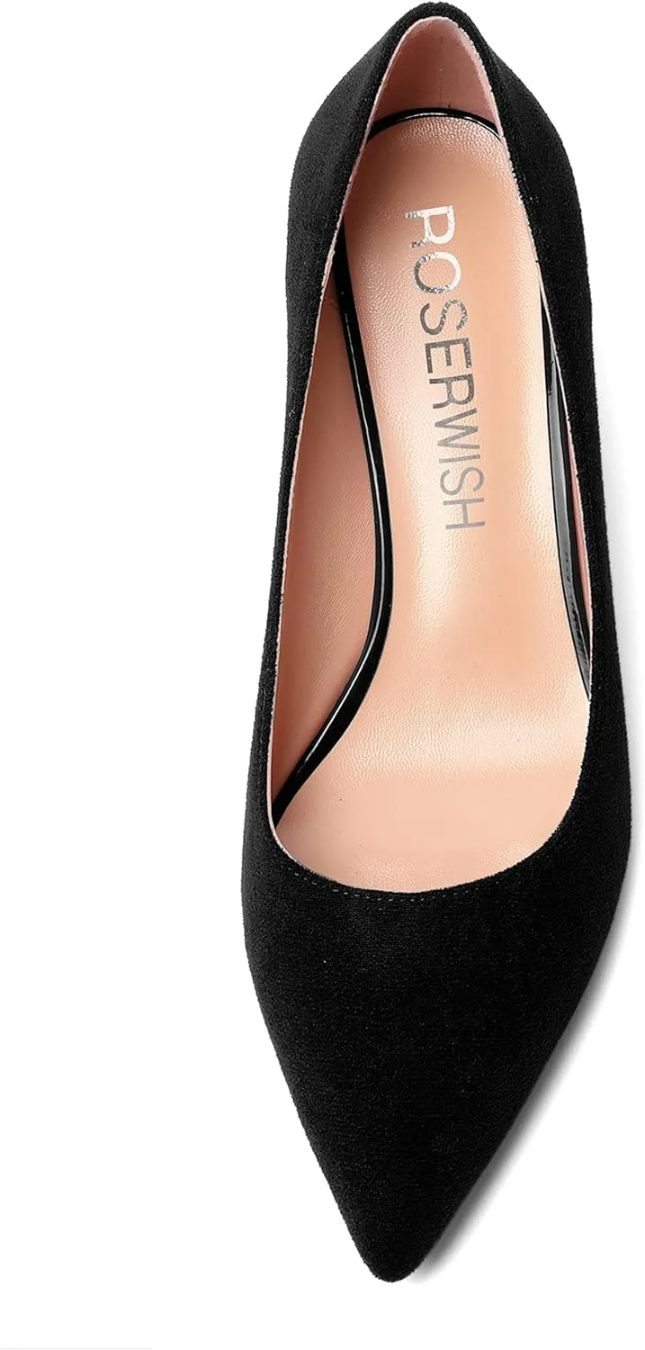 ROSERWISH Womens Pointed Toe Formal Suede Slip On Fashion Work Spool Low Heel Pumps Shoes 2 Inch
