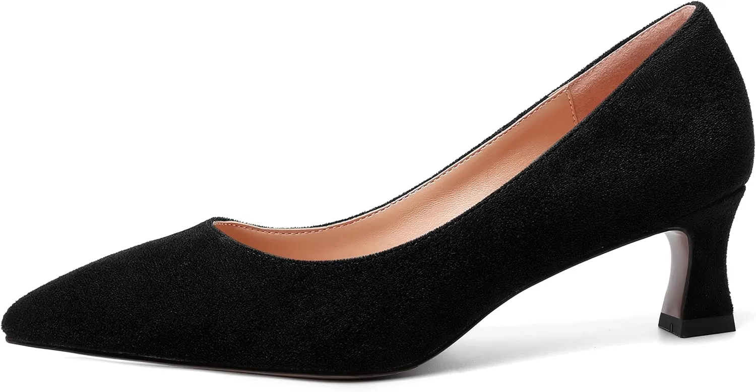 ROSERWISH Womens Pointed Toe Formal Suede Slip On Fashion Work Spool Low Heel Pumps Shoes 2 Inch