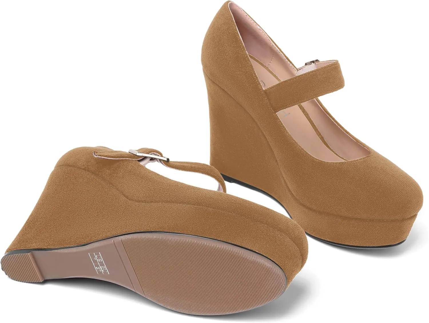 ROSERWISH Womens Sexy Suede Buckle Platform Mary Jane Ankle Strap Round Toe Wedding Dressy Wedge High Heel Pumps Shoes 4 Inch